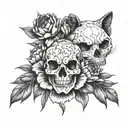 peony and cat skull tattoo design idea