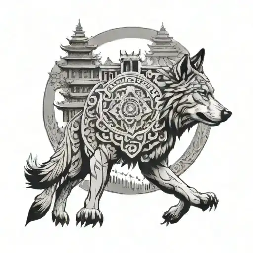 A fusion of Hindu temple architecture and mountain landscape with a wolf as a guardian spirit tattoo design idea