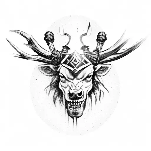 Scottish warrior in glen mountain stag tattoo design idea