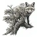 A black-grey tattoo of a fox peeking out from behind a tree trunk in a dense forest tattoo design idea
