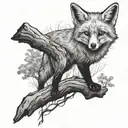 A black-grey tattoo of a fox peeking out from behind a tree trunk in a dense forest tattoo design idea