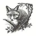 A black-grey tattoo of a fox peeking out from behind a tree trunk in a dense forest tattoo design idea