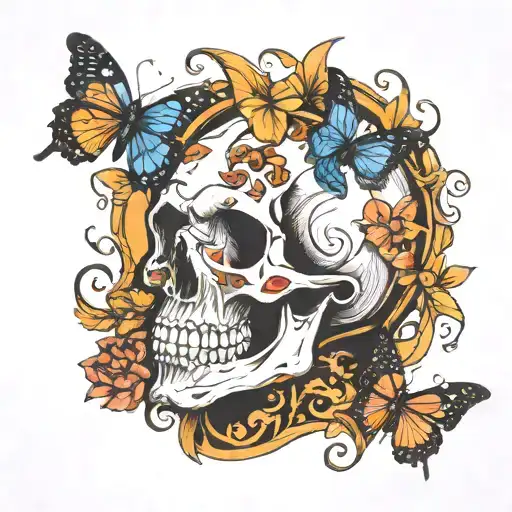 skull in profile with butterflies tattoo design idea
