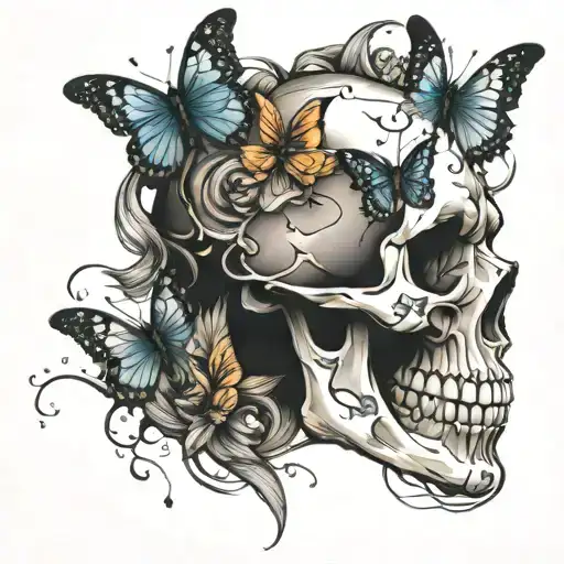 skull in profile with butterflies tattoo design idea
