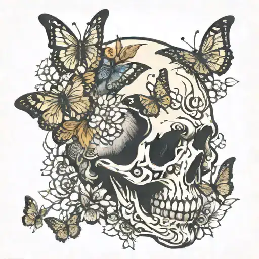 skull in profile with butterflies tattoo design idea