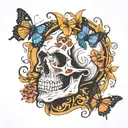 skull in profile with butterflies tattoo design idea