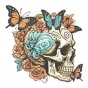 skull in profile with butterflies tattoo design idea