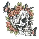 skull in profile with butterflies tattoo design idea