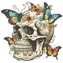 skull in profile with butterflies tattoo design idea