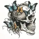 skull in profile with butterflies tattoo design idea