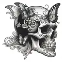 skull in profile with butterflies tattoo design idea