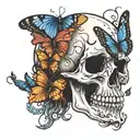 skull in profile with butterflies tattoo design idea