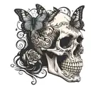 skull in profile with butterflies tattoo design idea