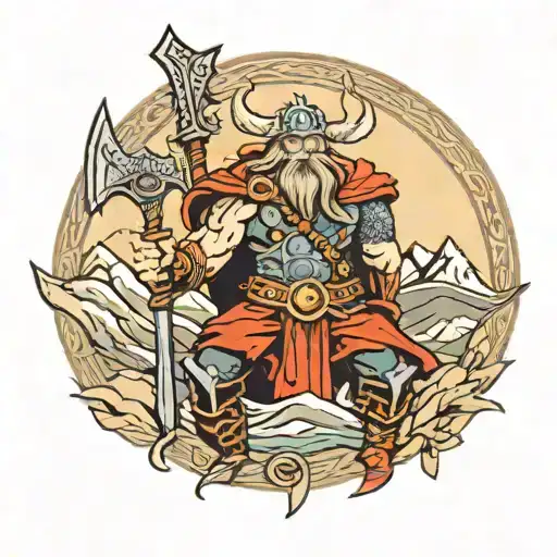 Warrior viking, in the mountains with water, and Thor's hammer tattoo design idea