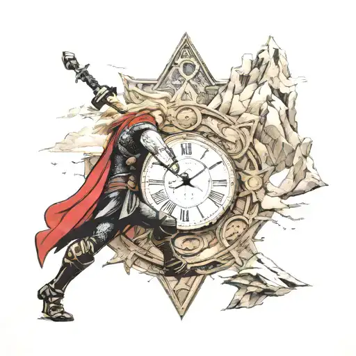 Thor in the mountains with Mjonir, and near water, with a sand clock ticking down tattoo design idea