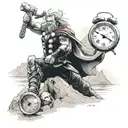 Thor in the mountains with Mjonir, and near water, with a sand clock ticking down tattoo design idea