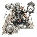 Thor in the mountains with Mjonir, and near water, with a sand clock ticking down tattoo design idea