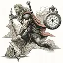 Thor in the mountains with Mjonir, and near water, with a sand clock ticking down tattoo design idea