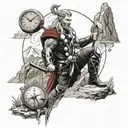Thor in the mountains with Mjonir, and near water, with a sand clock ticking down tattoo design idea