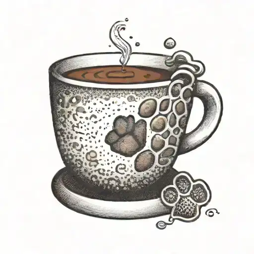 A dotwork tattoo of a coffee cup with a dog's paw print on the side tattoo design idea