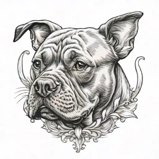 A portrait of a Staffordshire Bull Terrier with a musical theme tattoo design idea
