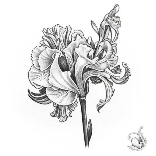 black and white bouquet that has an iris, carnation, gladiolus  tattoo design idea