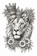 lion wearing a small crown facing forward with daisies underneath tattoo design idea