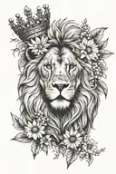 lion wearing a small crown facing forward with daisies underneath tattoo design idea