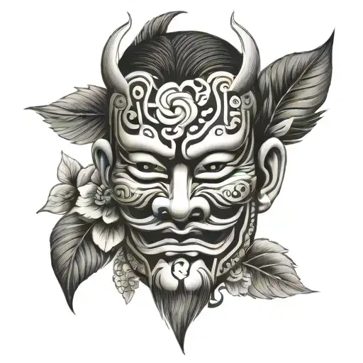 Traditional Japanese mask with floral patterns incorporated tattoo design idea