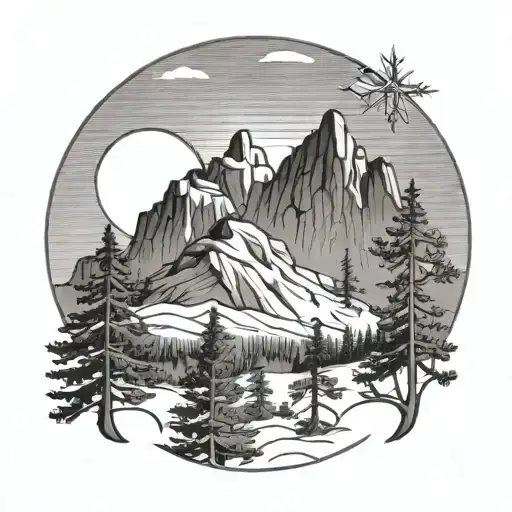 arizona white mountains, sun shining, pine trees tattoo design idea