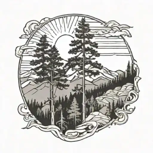 arizona white mountains, sun shining, pine trees tattoo design idea