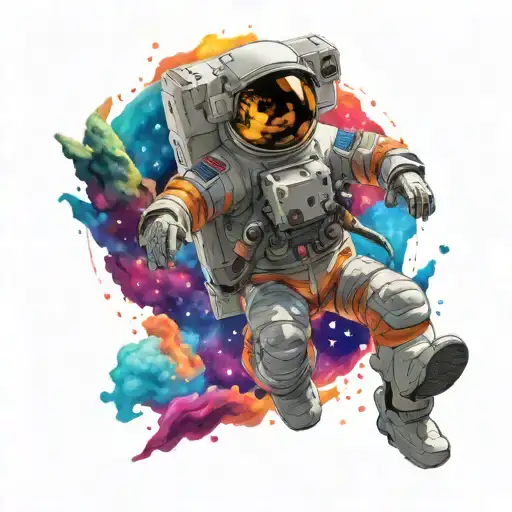 An astronaut floating in zero gravity surrounded by colorful nebulae tattoo design idea