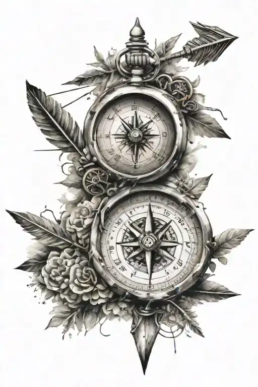 Arrow and compass surrounded tattoo design idea