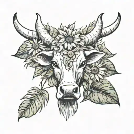 long horn cow head, sunflowers, and Monstera Deliciosa Leaf  tattoo design idea