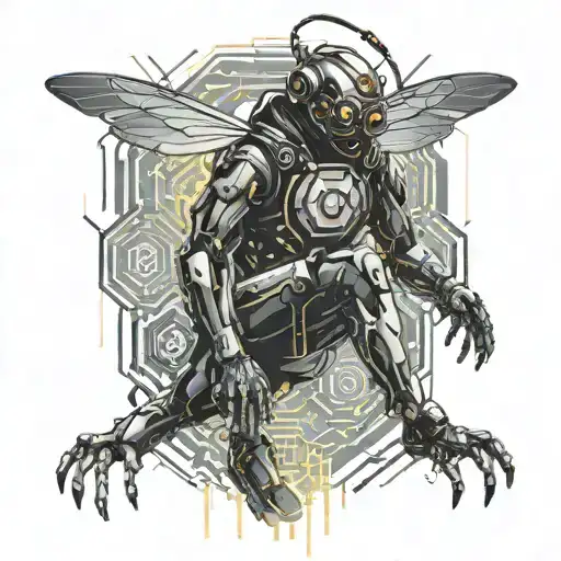 A futuristic cyberpunk scene of a hacker surrounded by glowing code and digital elements, with a hidden bee motif incorporated into the design tattoo design idea
