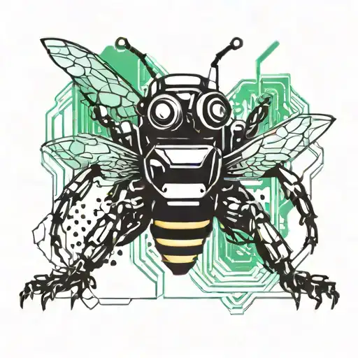 A futuristic cyberpunk scene of a hacker surrounded by glowing code and digital elements, with a hidden bee motif incorporated into the design tattoo design idea