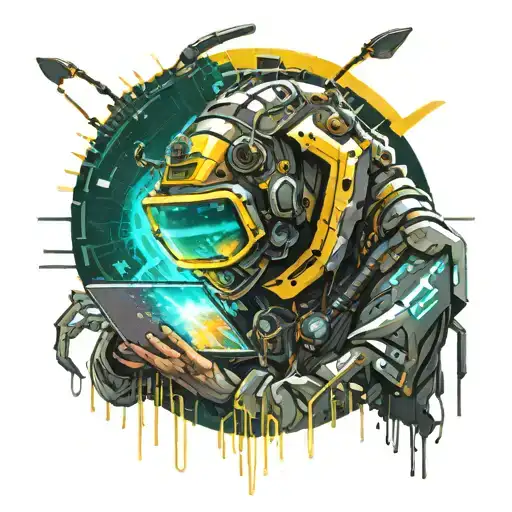 A futuristic cyberpunk scene of a hacker surrounded by glowing code and digital elements, with a hidden bee motif incorporated into the design tattoo design idea