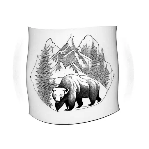 forearm band with mountains, buffalo, trees, and bears inside the band tattoo design idea