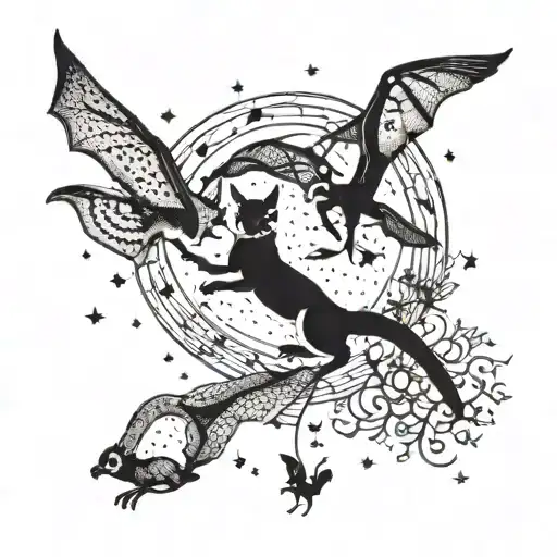 A surreal blackwork tattoo of lemurs, kangaroos, and bats flying together in a night sky filled with stars tattoo design idea