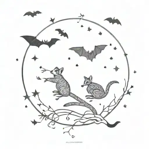 A surreal blackwork tattoo of lemurs, kangaroos, and bats flying together in a night sky filled with stars tattoo design idea