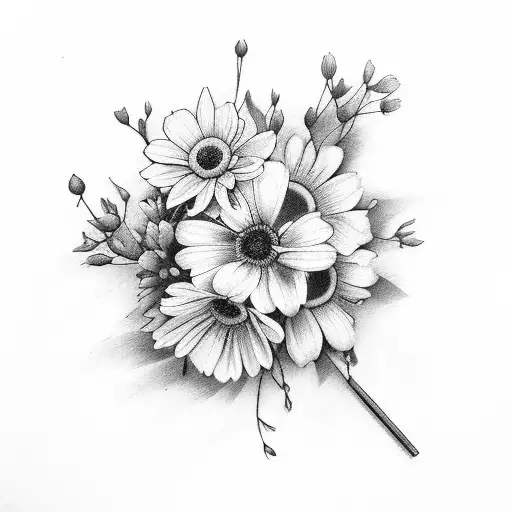 October, June, march, September, April birth flowers in a bouquet tattoo design idea
