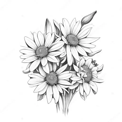 marigolds, Rose, daffodil, asters, daisies bouquet tattoo design idea