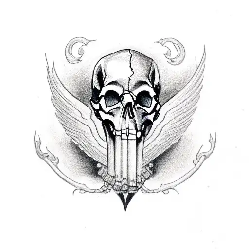 draw a skull with a crow in the eye socket and a cemetery in the background tattoo design idea