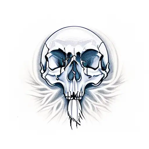 draw a skull with a crow in the eye socket and a cemetery in the background tattoo design idea