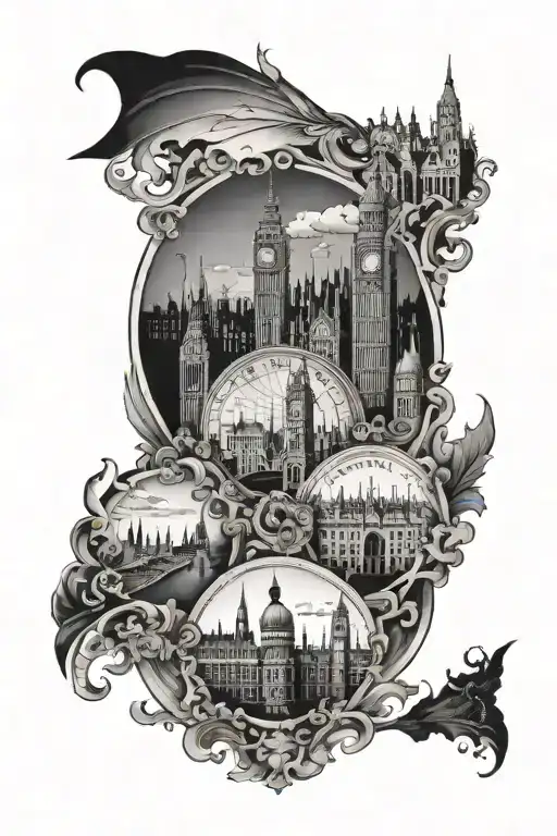 A tattoo design of a London cityscape with hidden elements of Dr. Jekyll and Mr. Hyde in a black-grey style tattoo design idea