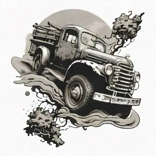 A detailed black and grey tattoo of a vintage pickup truck with mud splattered on the tires, surrounded by a rugged off-road terrain landscape tattoo design idea