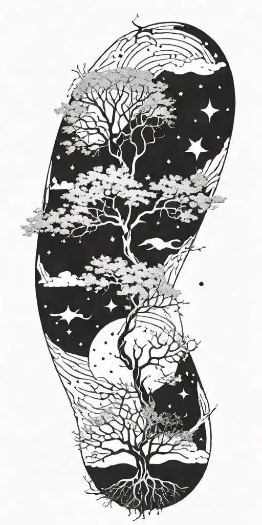 A mystical tree of life with branches reaching towards the stars, embodying the interconnectedness of all things and the timeless nature of existence tattoo design idea