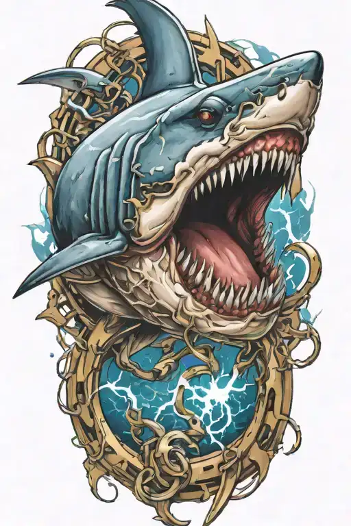 chained shark with lightning  tattoo design idea