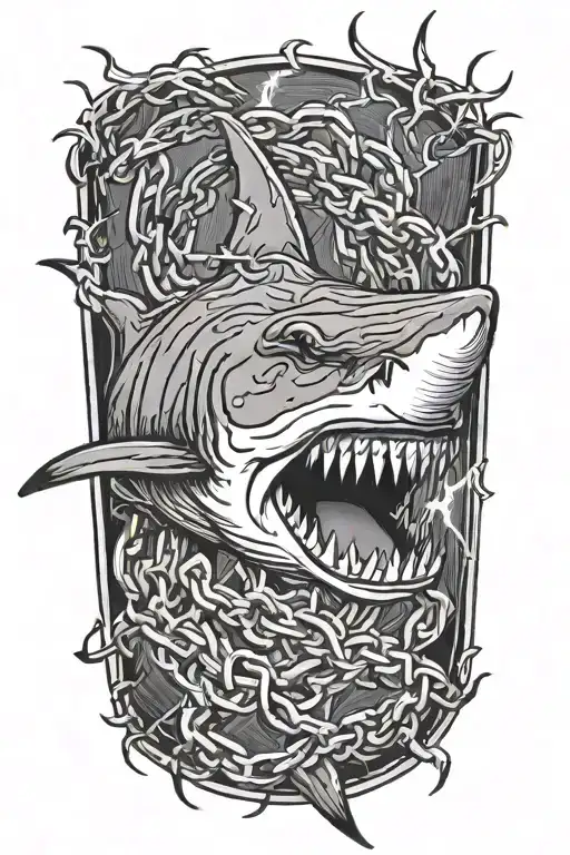 chained scared shark with lightning  tattoo design idea