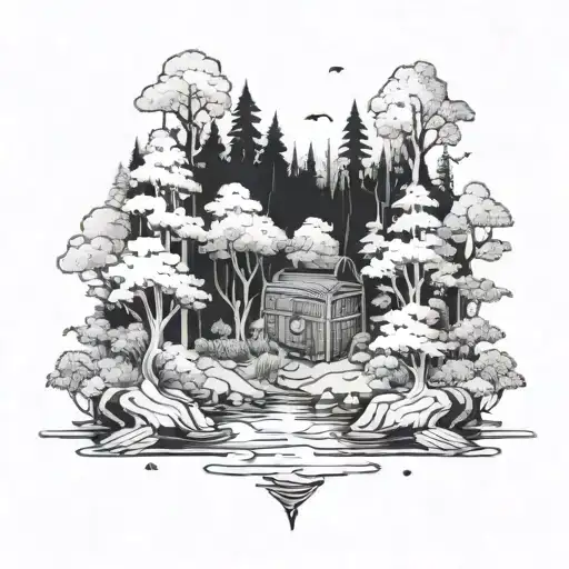 A mystical forest landscape with a hidden treasure chest, inspired by MMOs and hiking tattoo design idea